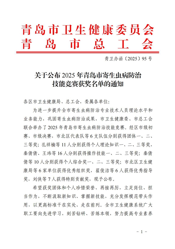 青卫办函〔2025〕95号-关于公布2025年青岛市寄生虫病防治技能竞赛获奖名单的通知_01.jpg